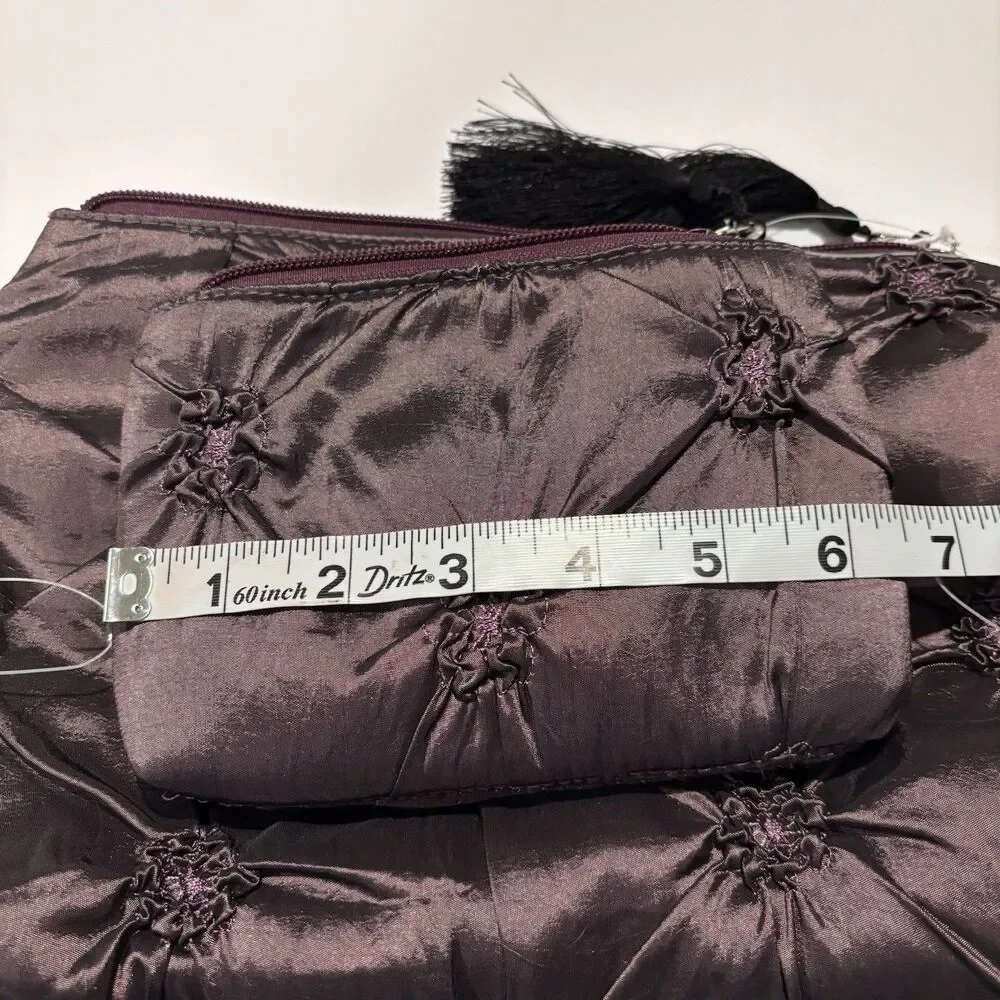 Purple Satin Pintuck Cosmetic Makeup Travel Bag Set 2 Pieces Tassel Zipper NWOT